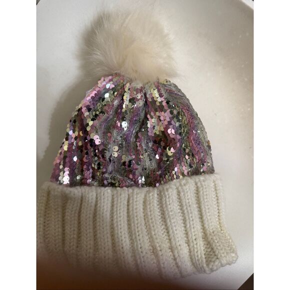 Tucker + Tate Kids Sparkle Sequins Rib Knit Pom Beanie Hat Purple White One Size - Picture 2 of 7